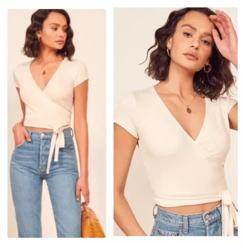 Reformation Ivory Flora Stretchy Knit Ribbed Short Sleeve V-Neck Wrap Crop Top L